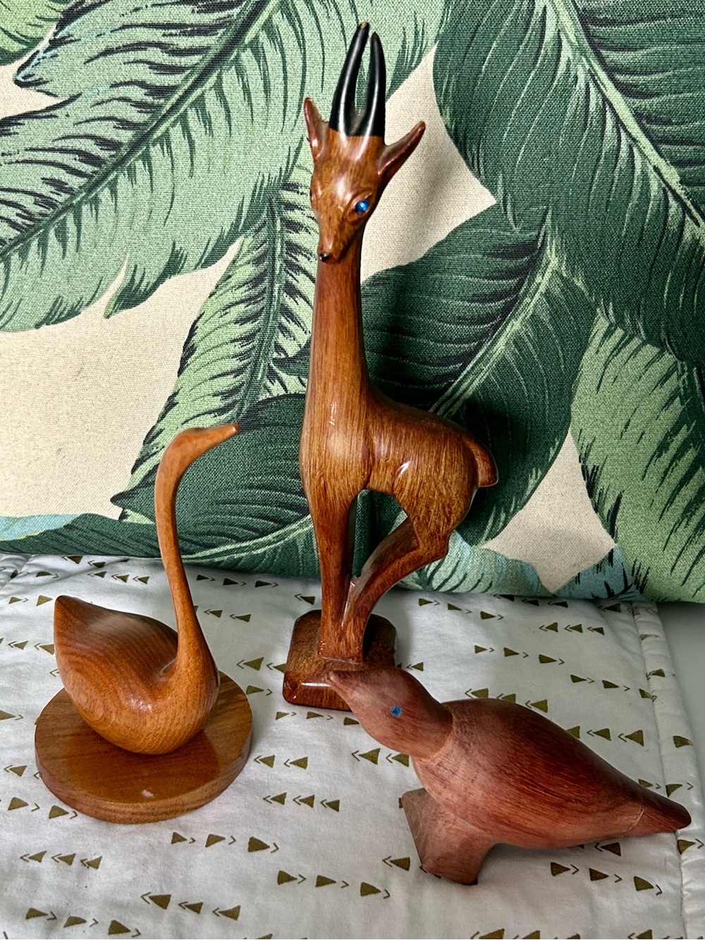 Vintage MCM Hand Carved Animal Wood 
Sculptures Set of 3 Gazelle Swan Bird